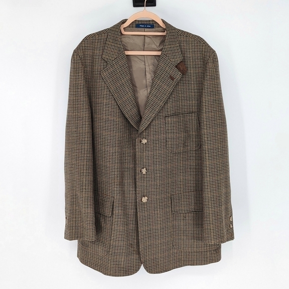 T. Harris Houndstooth Lambswool Sports Coat Blazer Brown L Business casual - Picture 1 of 10